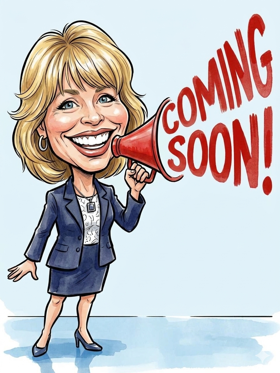 Sally - Coming Soon mage of author Sally Metzger holding a megaphone and saying "Coming Soon."